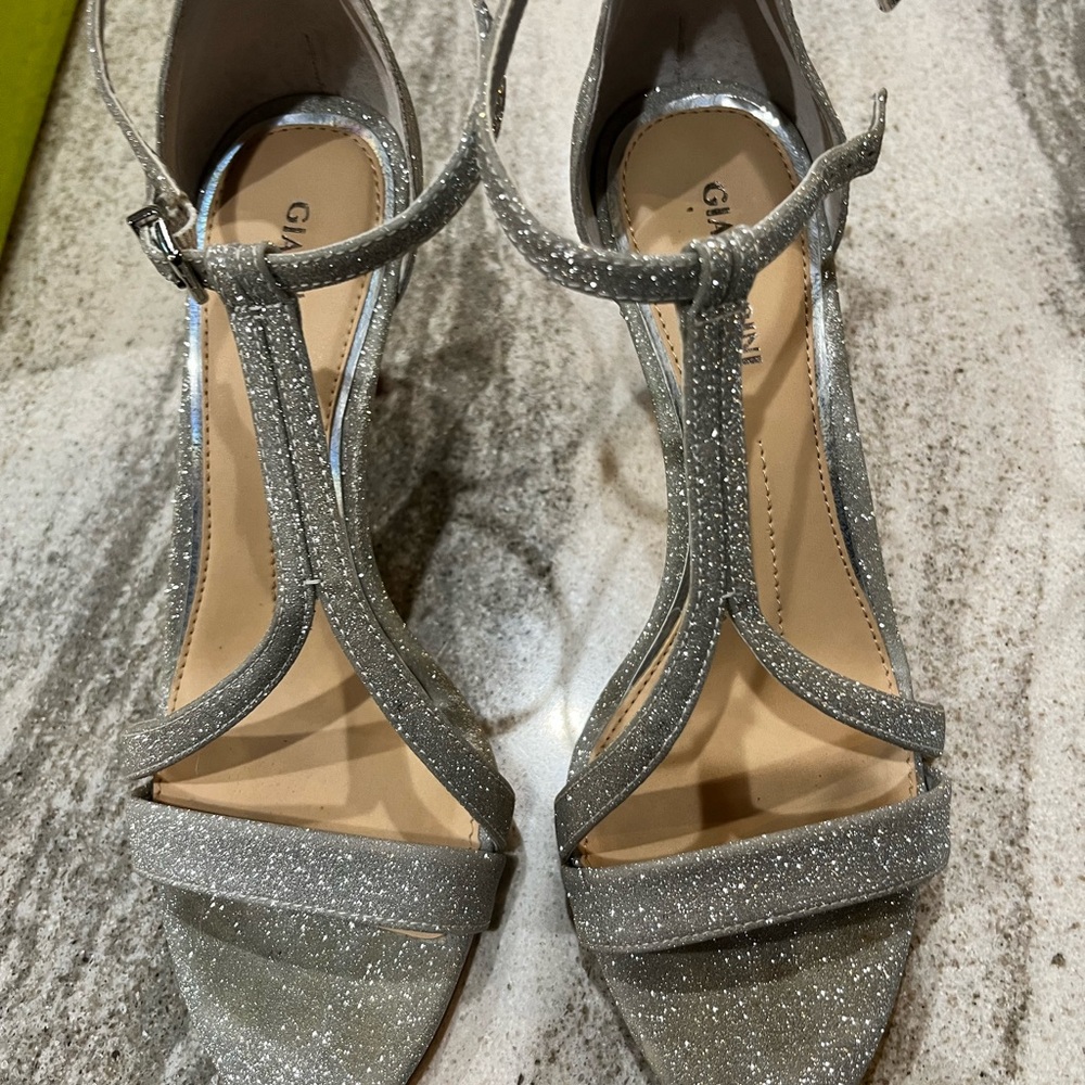 Gianni Bini Silver Glitter T-Strap Heeled Sandals